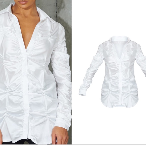 NWT ⚜️🤍⚜️ Pretty little thing White Satin Extreme Ruched Shirt - Picture 1 of 11